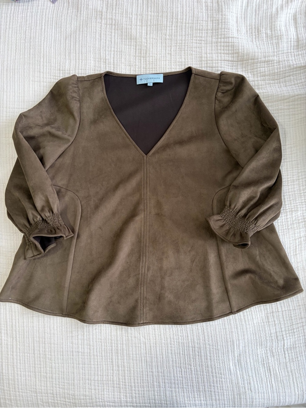 Tuckernuck Olive Green V-Neck Faux-Suede Peasant Sleeve Tunic